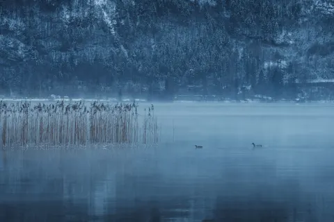 خلفية بحيرة جبلية ضبابية بدقة 4K · nature · 3840×2561